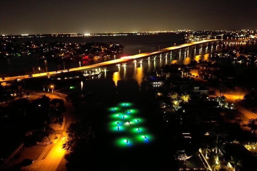 Aerial footage of our Glass Bottom Kayak LED illuminated Night Tour in St. Pete Beach, Florida 