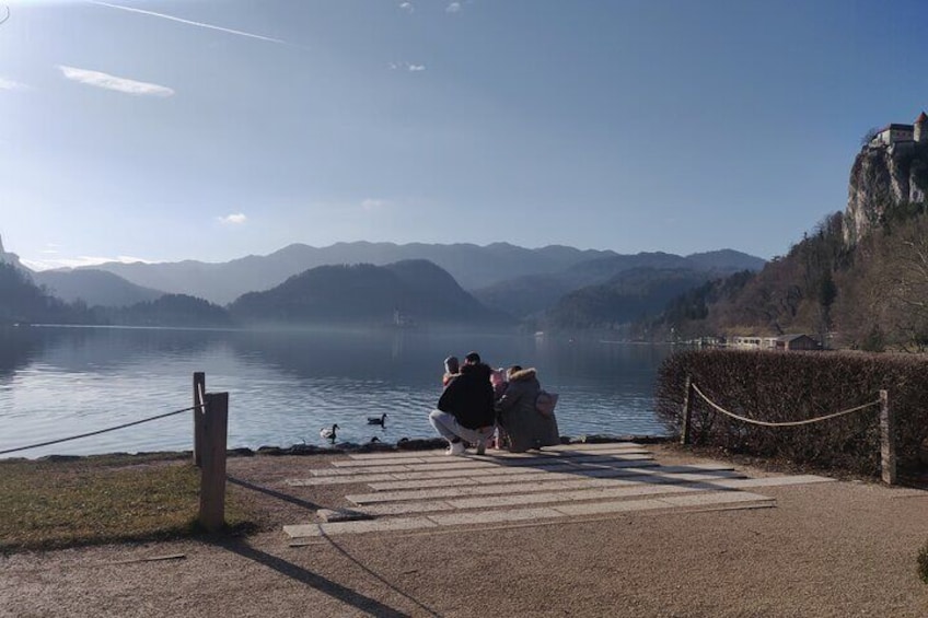 Family feeding ducks by the Bled lake. In distance is an island with a church.