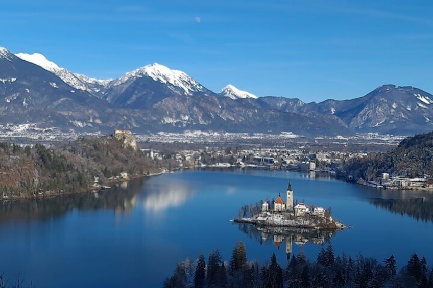 Ojstrica, small hill with beautiful view on lake Bled with island.