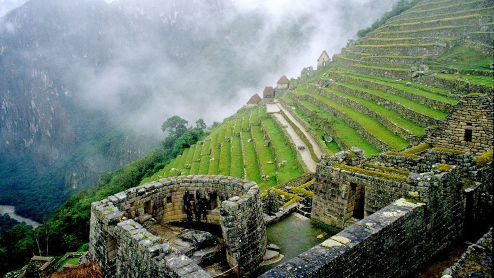 View of Temple of the Sun ruin at Machu Picchu