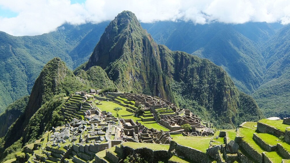 Panoramic view looking down on Machu Picchu