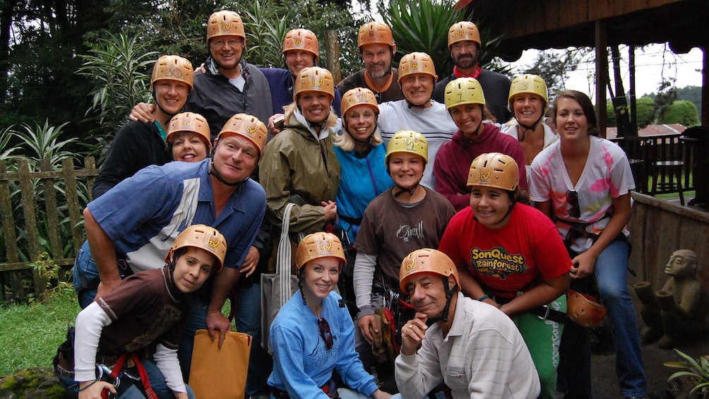 Charger l’élément 4 sur 9. Helmeted group getting ready to zipline in Costa Rica