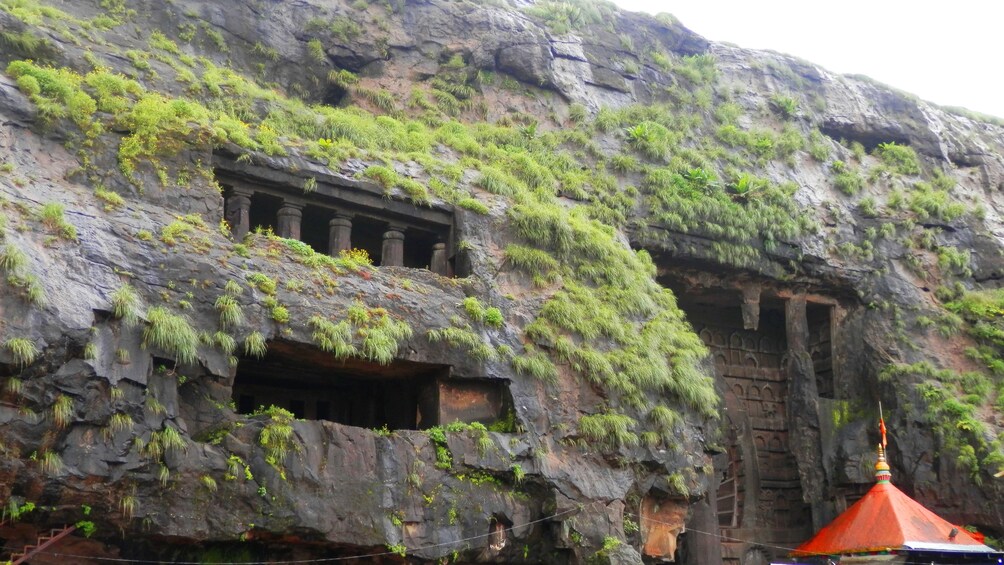 Remains of a temple peak through moss covered cliff faces at the Bhaja caves