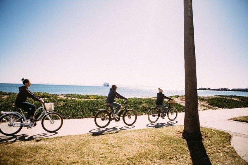 electric bikes flying along the beach path