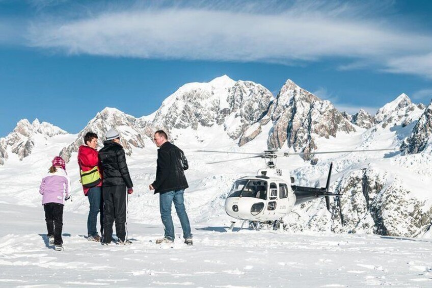 Snow landing, Mount Tasman behind