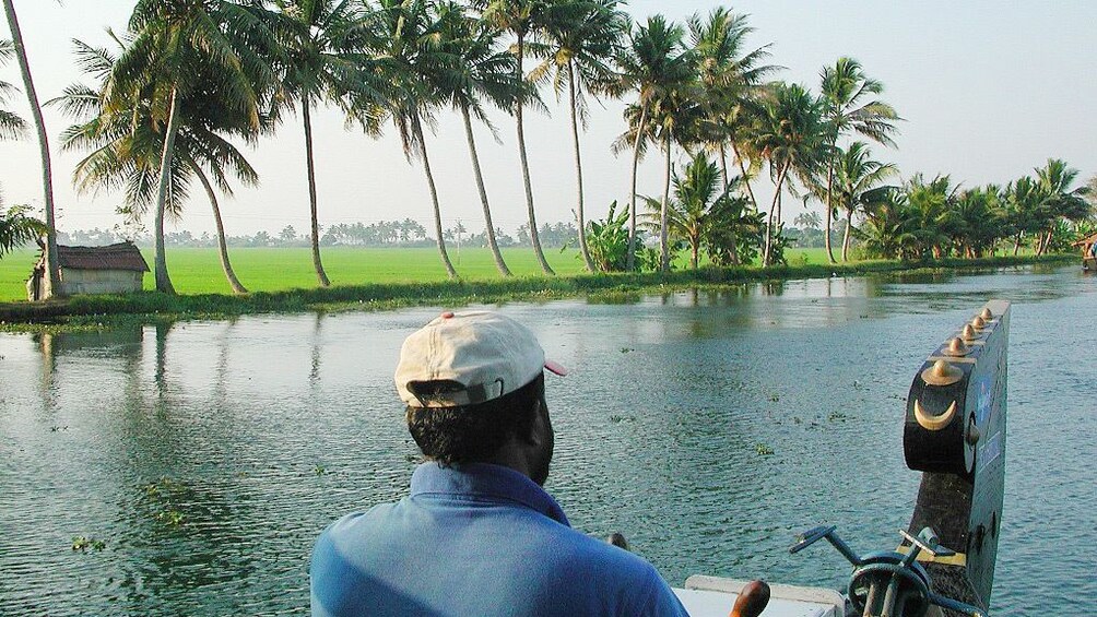 View of the front of the boat on the private Houseboat Cruise along the Alleppey Backwaters in Kochi 