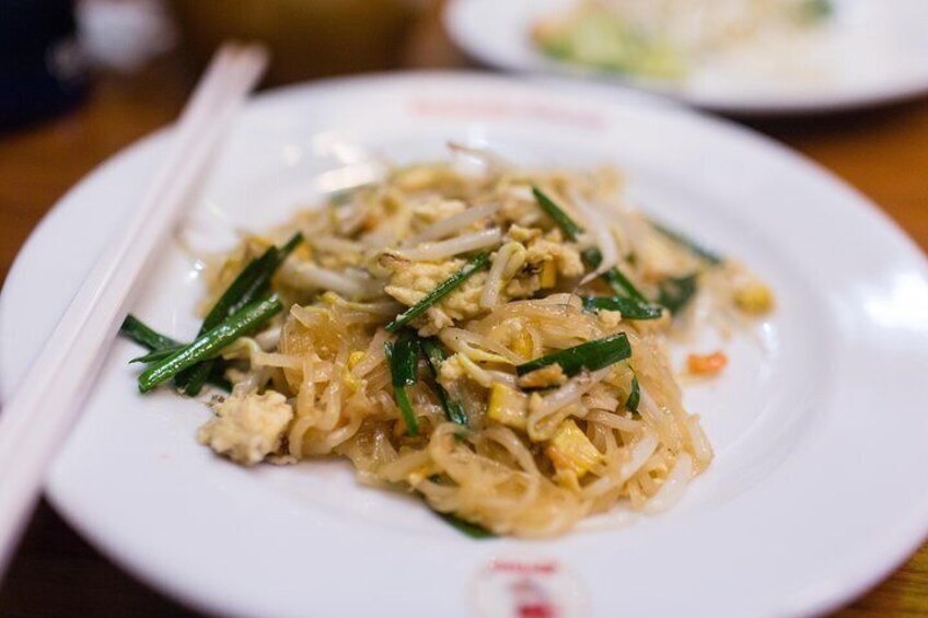 Pad Thai dish as served on a midnight food tour, Bangkok, Thailand.