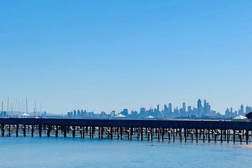 View of Melbourne skyline from Brighton Bathes.