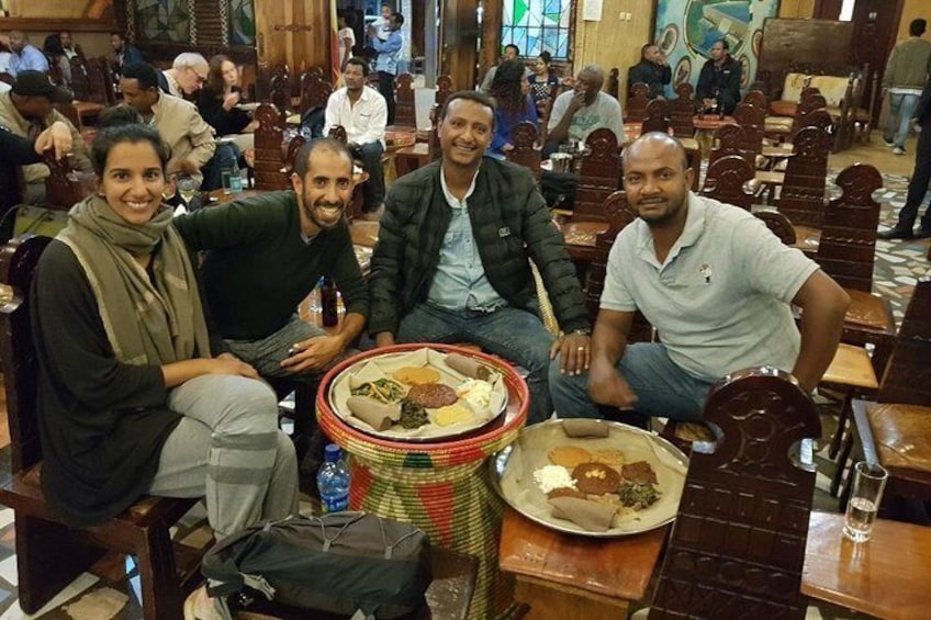 Having Ethiopian cultural dinner at 2000 Habesha Traditional Ethiopian Restaurant in Addis Ababa