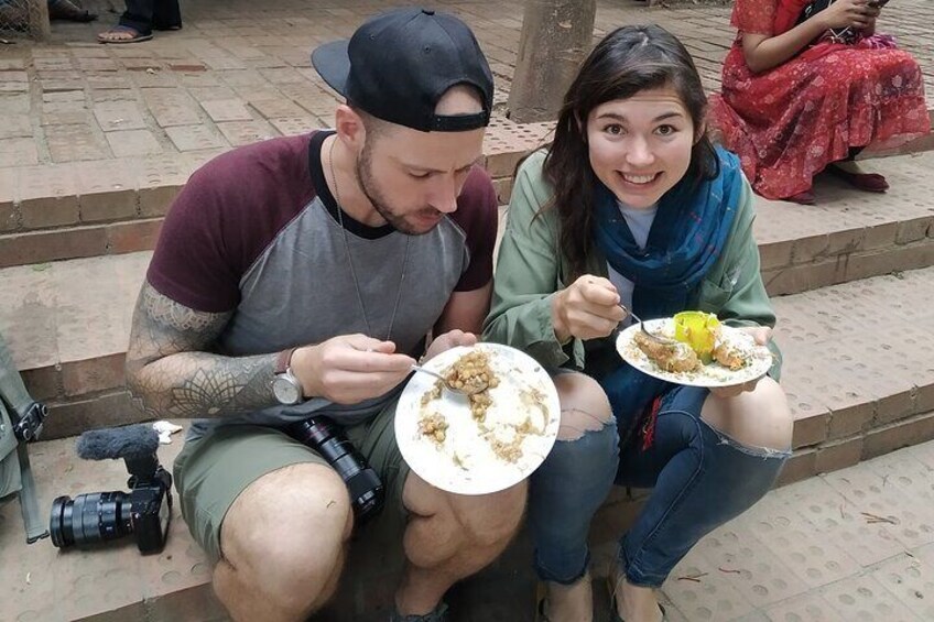 Mike & Eva eating "Fuchka" & "Chotpoti' 