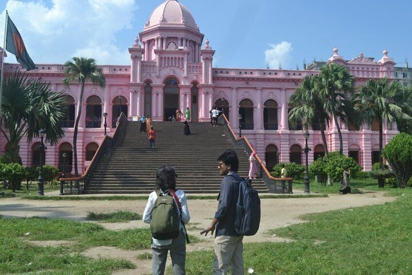 Malaysia Tourist & our Guide front of Ahsan Manjil (Pink Palace) 