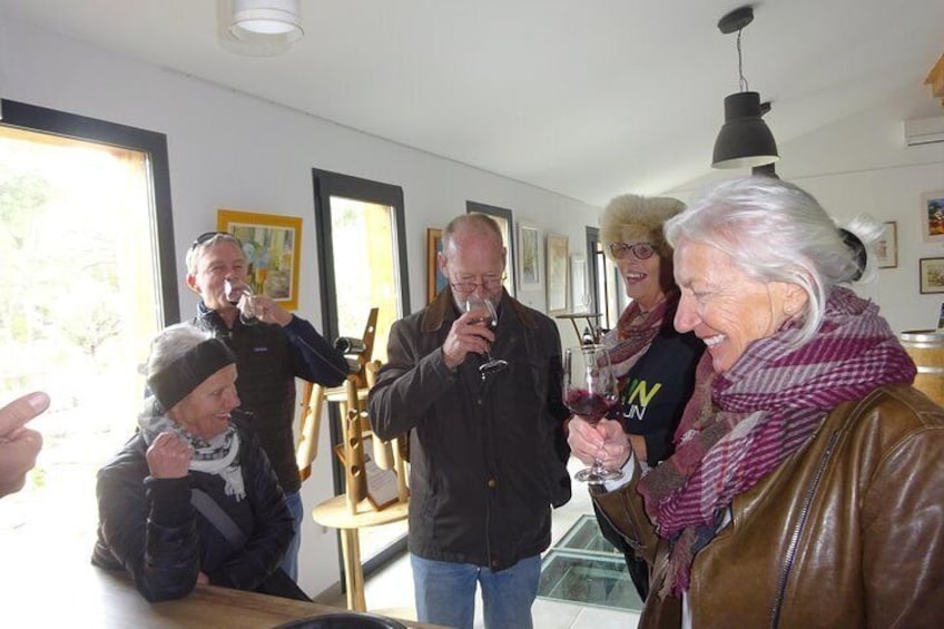 Wine tasting at a winery in Pic Saint-Loup, Languedoc.