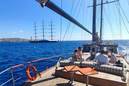 米克諾斯島：前往提洛島和雷尼亞島的遊船，提供燒烤和飲料