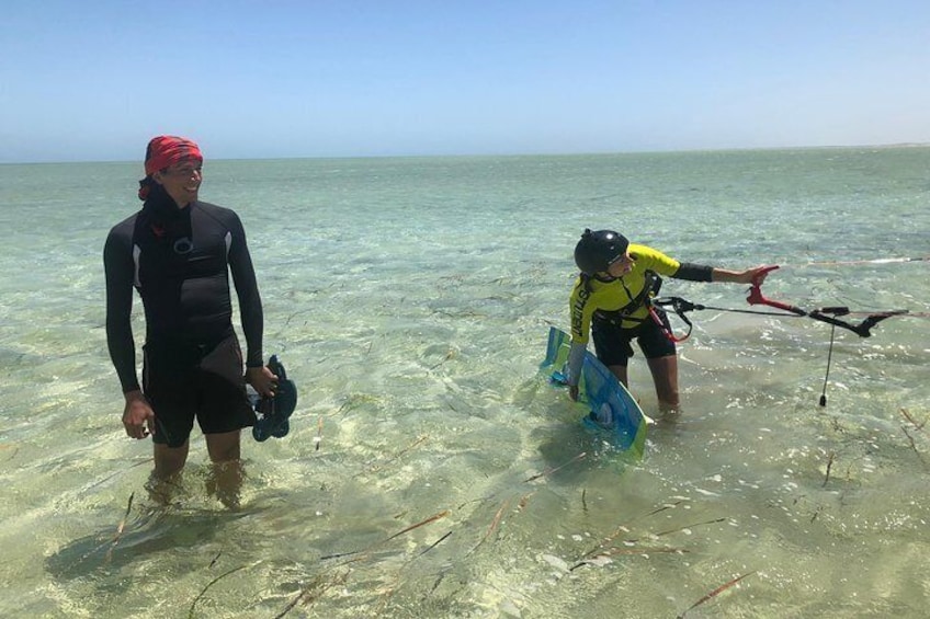 Kitesurfing lessons in shallow and Clear Crystal water in Shark Bay Western Australia