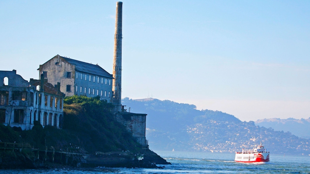 Tour boat near Alcatraz Island in San Francisco