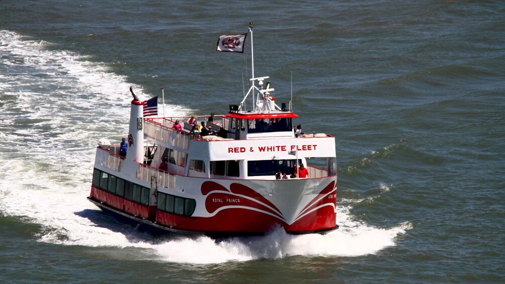 Red and White Fleet tour boat on the water in San Francisco