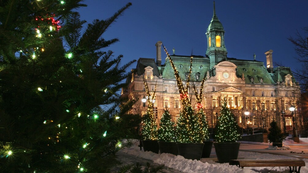 Montreal City Hall in winter with trees lighted for Christmas