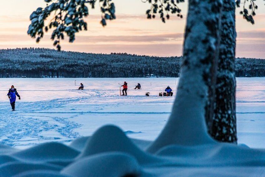 Snowshoe Trip for Ice Fishing in Ivalo