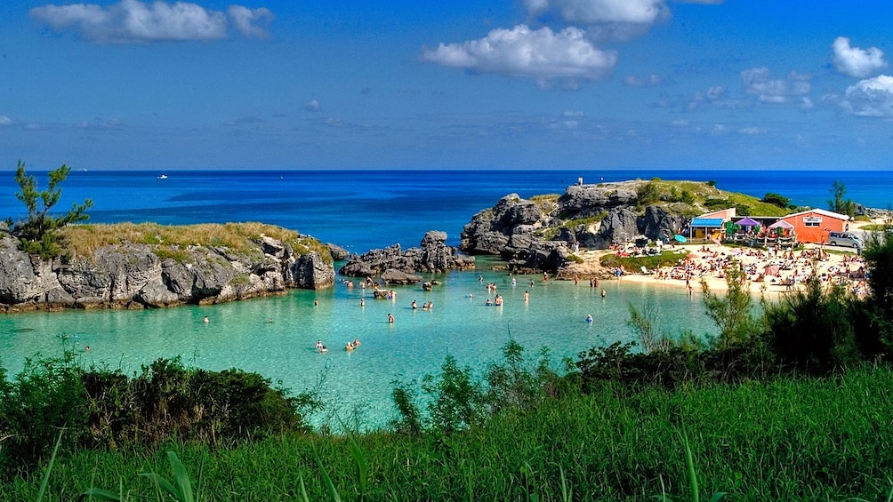 Fresh view of Bermuda's East end waters and lush green grass 