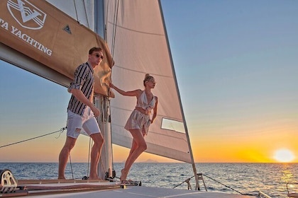Santorini Gold Catamaran Cruise with BBQ, Drinks and Hotel Pickup