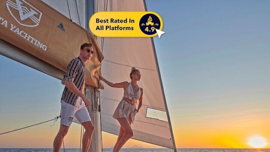 Santorini Gold Catamaran Cruise with BBQ, Drinks and Hotel Pickup