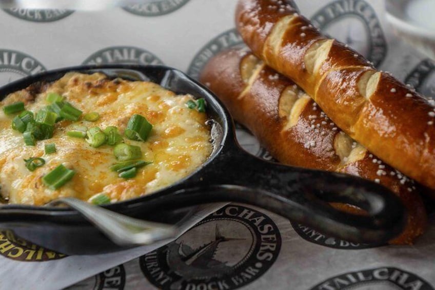 Tailchasers crab dip & dunking pretzel