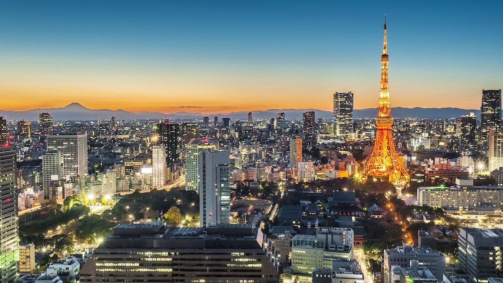 The Tokyo Tower illuminated at night in Japan