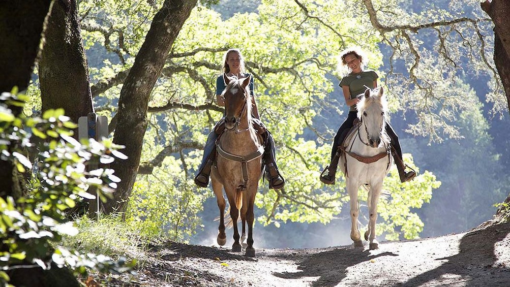 women riding horses on a trail in Siena