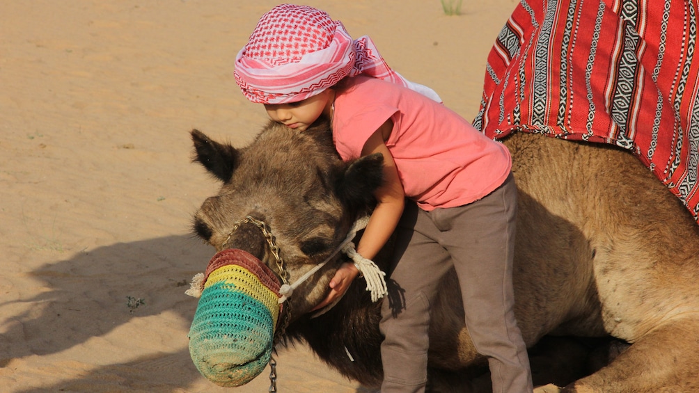 Show item 3 of 10. young boy hugging camel in Dubai
