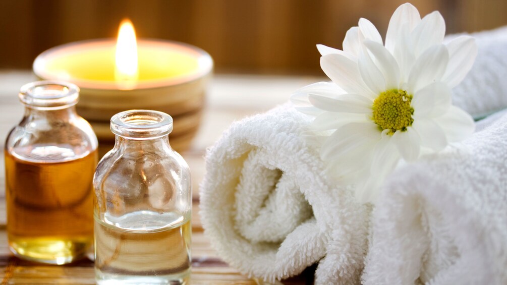 Massage oils and towels at the spa in Nha Trang