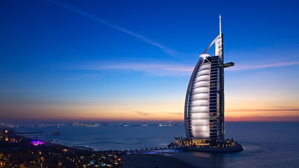 night scape panoramic view of Burj Al Arab hotel in Abu Dhabi