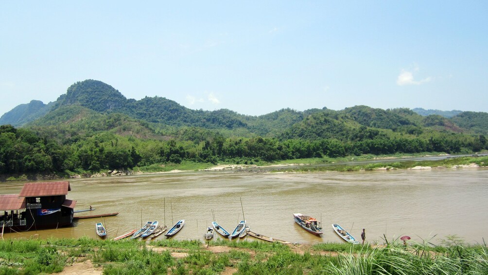 View of the Mekong river and mountains in Laos