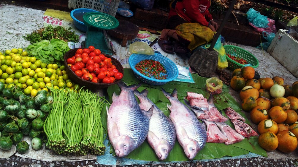Fresh fish and produce at a market in Luang Prabang