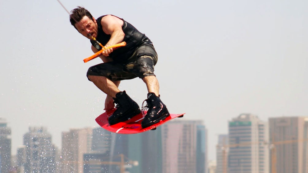 Wakeboarder doing a trick in Dubai