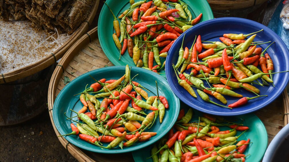 bowls of bright colored chilis 