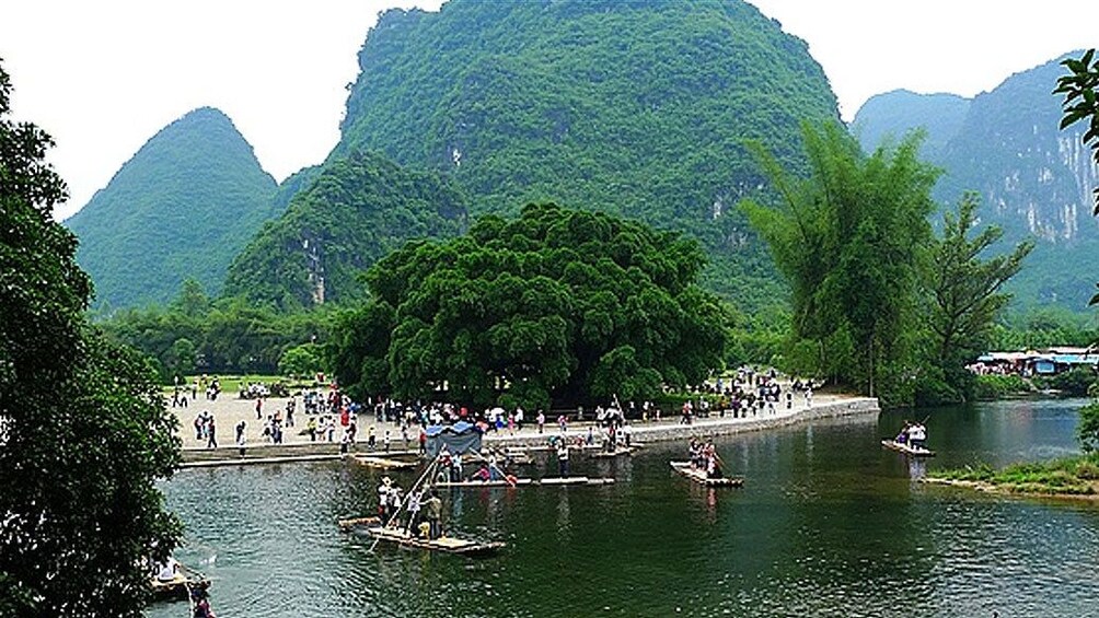 small rafts on the water in Yangshuo