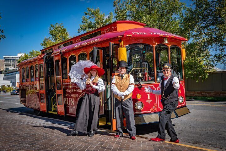 Meet your three costumed guides aboard the City Sights Salt Lake Trolley Tour—a one-of-a-kind musical sightseeing show on wheels filled with comedy, songs, and unforgettable Salt Lake City stories.