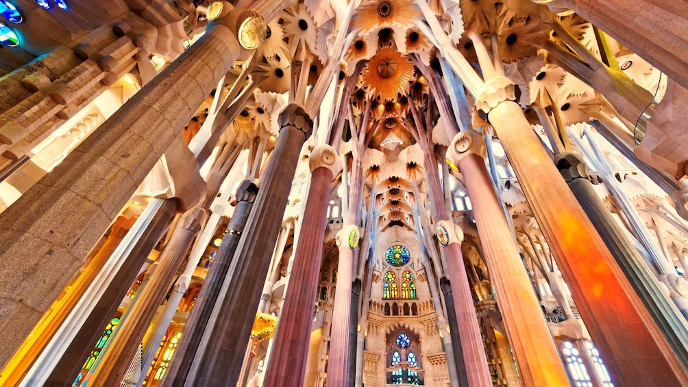 interior ceiling and pillars of Sagrada Famalia Church in Barcelona