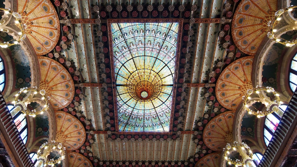 interior ceiling and chandeliers at Palace of Catalan in Barcelona