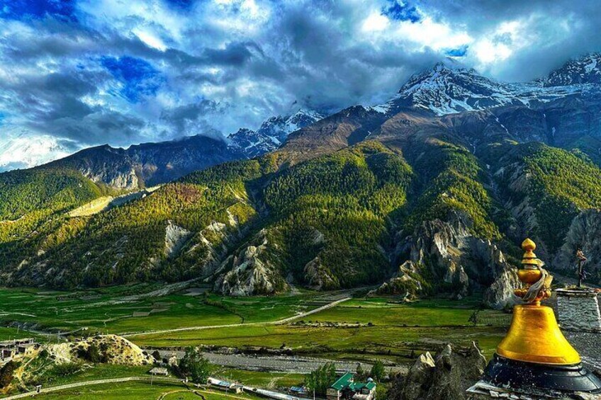 Annapurna Circuit Trek Manang valley seen from brakha in Annapurna Circuit Nepal