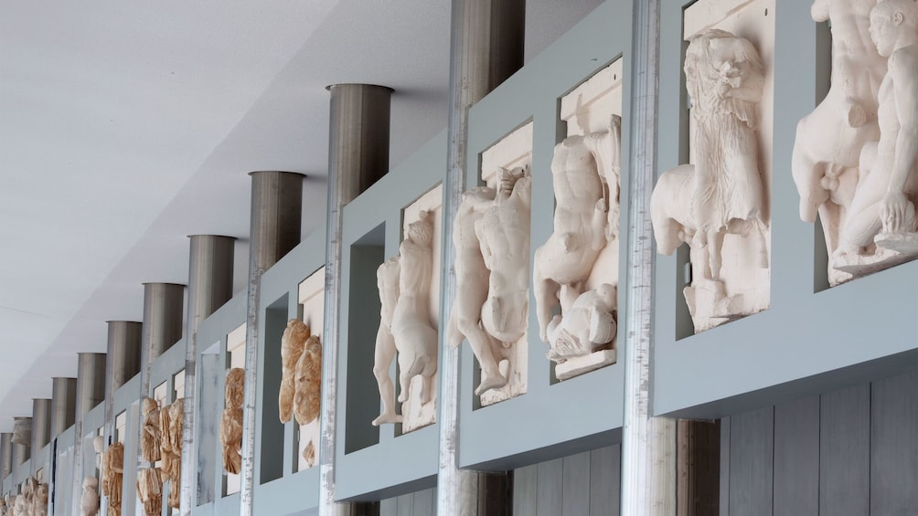 Wall-mounted sculptures at the Parthenon Gallery in the Acropolis Museum in Athens