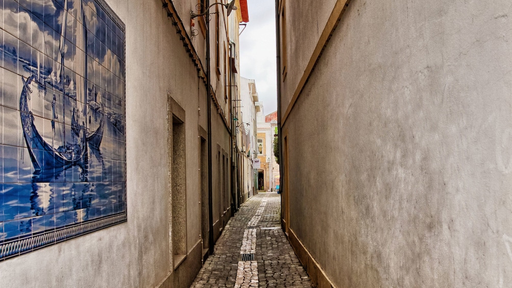 Narrow cobblestone path between buildings in Aveiro