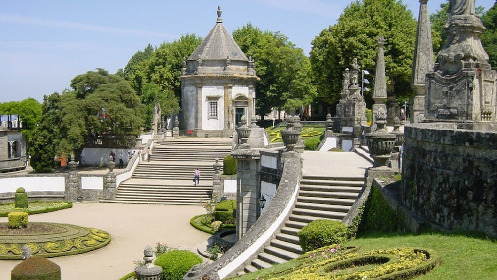 Round stone building and stairways of Bom Jesus do Monte church in Braga