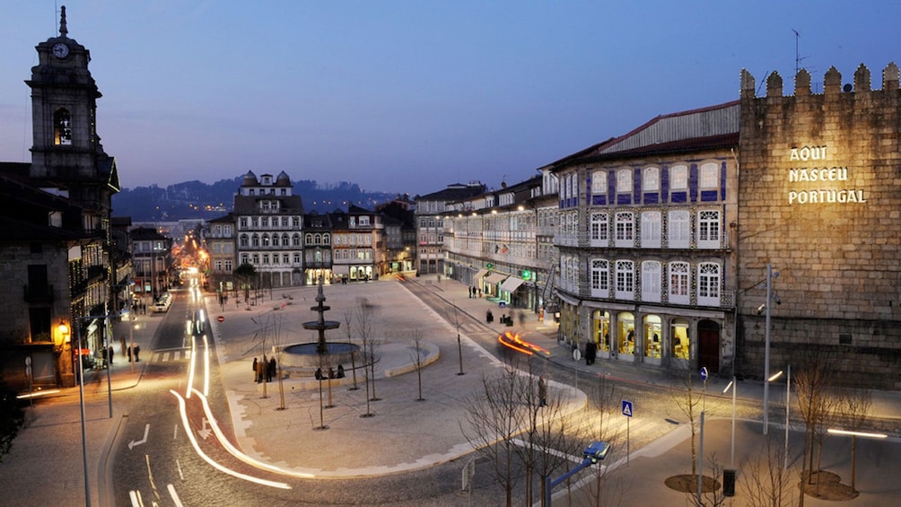 Timelapse image of city at night in Guimaraes