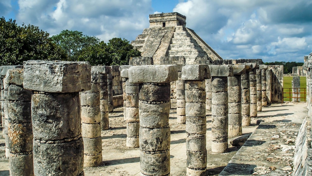 View of the Kukulcán pyramid from the Temple of a Thousand warriors at Chichen Itza