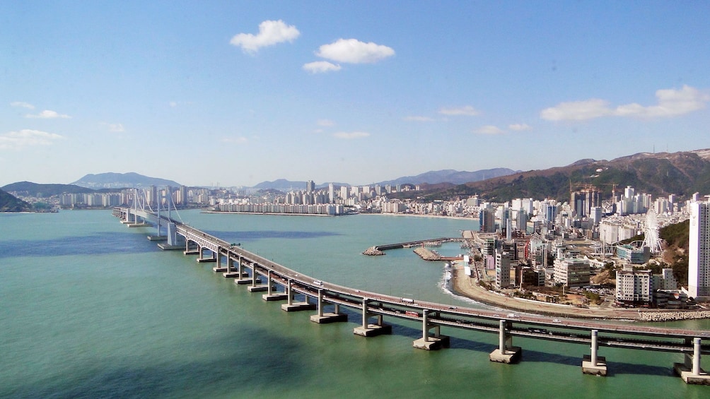 Scenic panoramic view of the Gwangan Bridge and Gwangan Beach during the day time