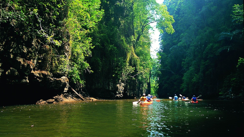 Kayakers paddling past lush green forests in Ao Talen
