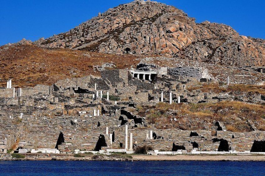 View from the yacht of the archaeological site of Delos Island 