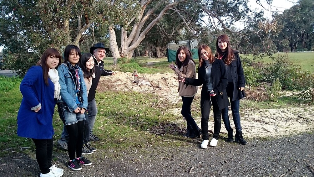 Visitors spotting a kangaroo in Melbourne