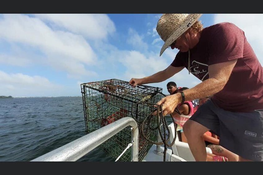 Pulling in the Crab trap on The Fun Boats